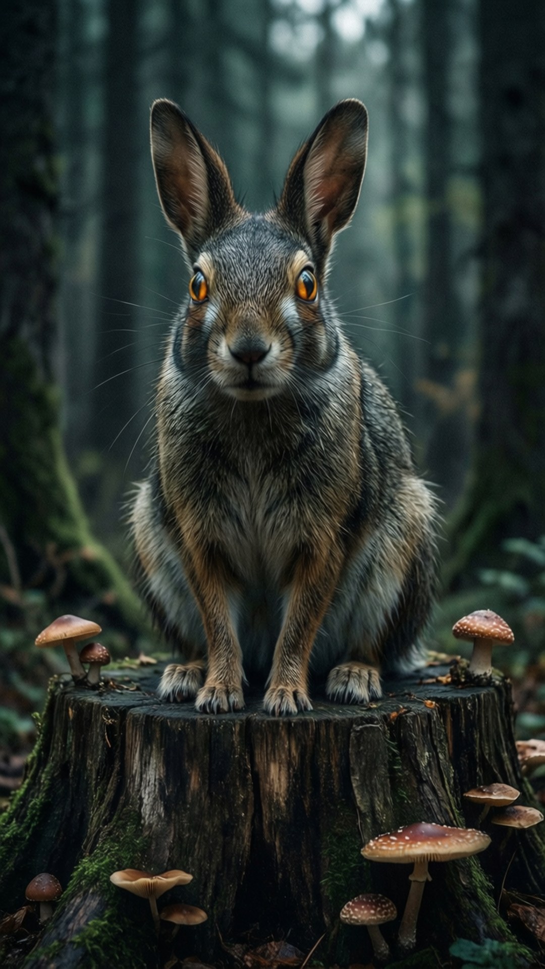 Forest Glow Hattrem, glowing orange eyes, mossy tree stump, Full HD Phone Wallpaper