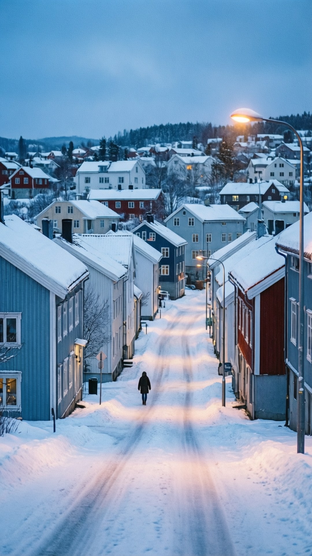 Haugesund, snow-covered street, colorful houses, Full HD Phone Wallpaper
