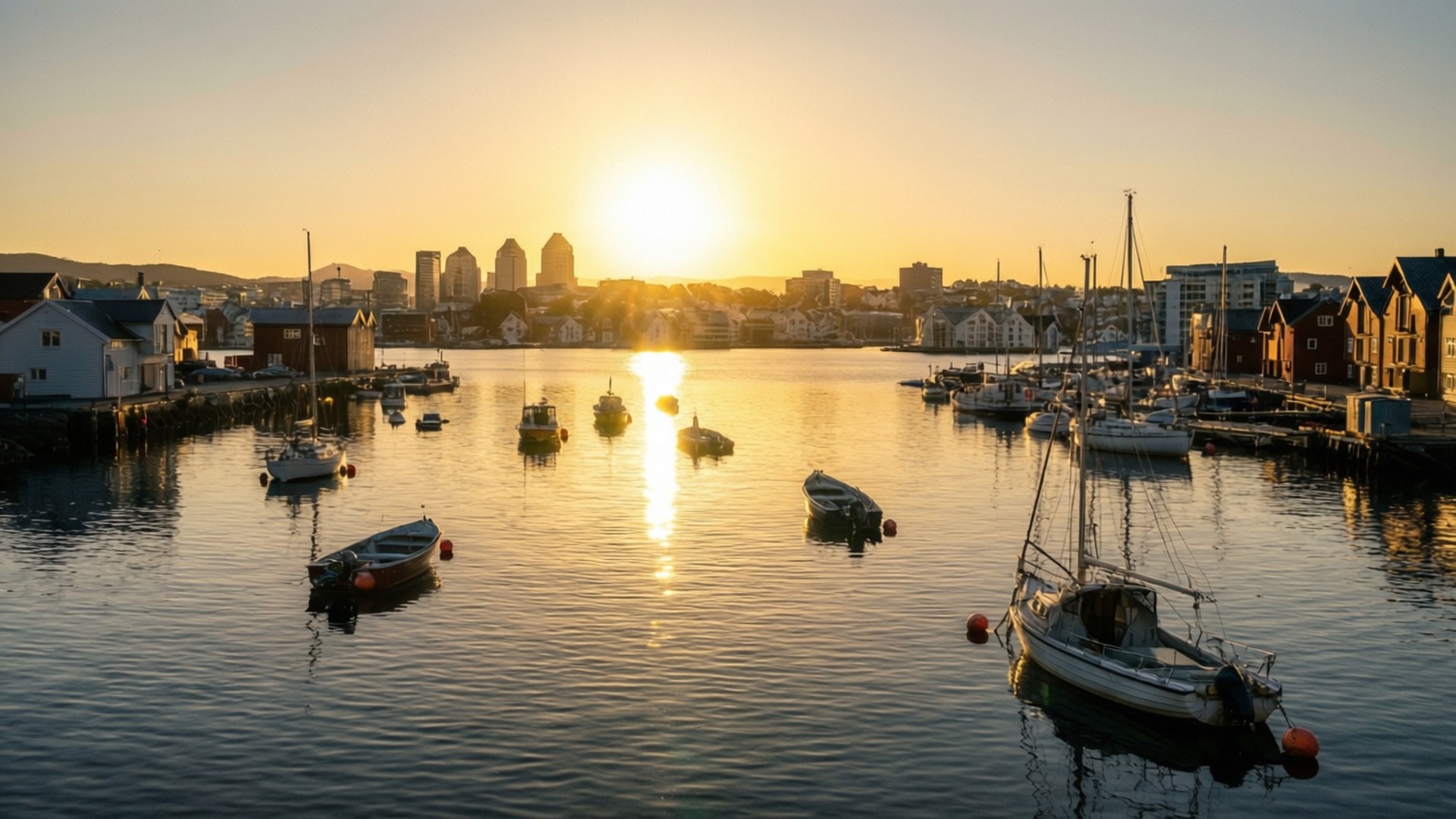 Haugesund, harbor, sunrise, Full HD Desktop Wallpaper