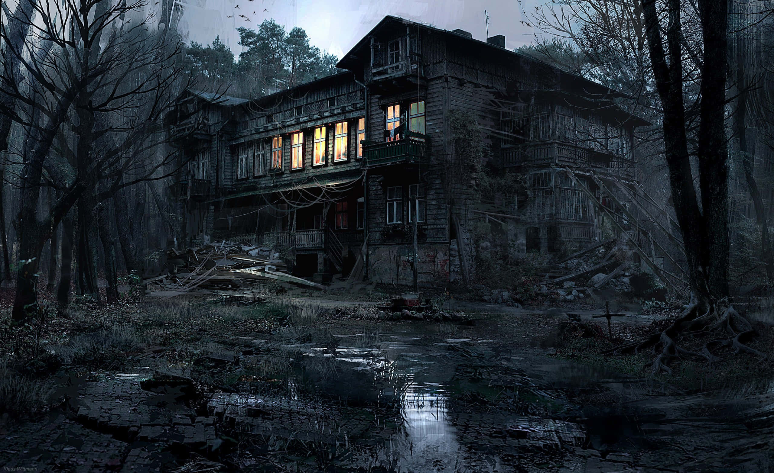 Haunted Forest, decaying wooden house, misty forest, 2K Desktop Wallpaper