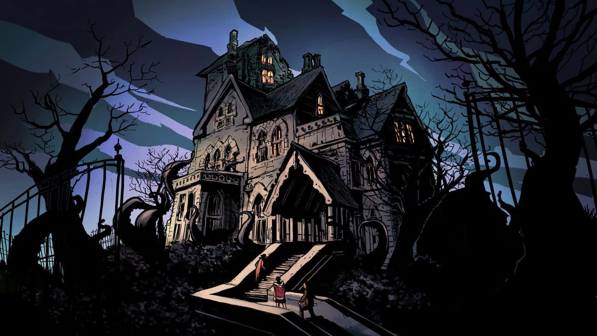 Haunted Forests, gothic mansion, stormy twilight sky, Full HD Desktop Wallpaper