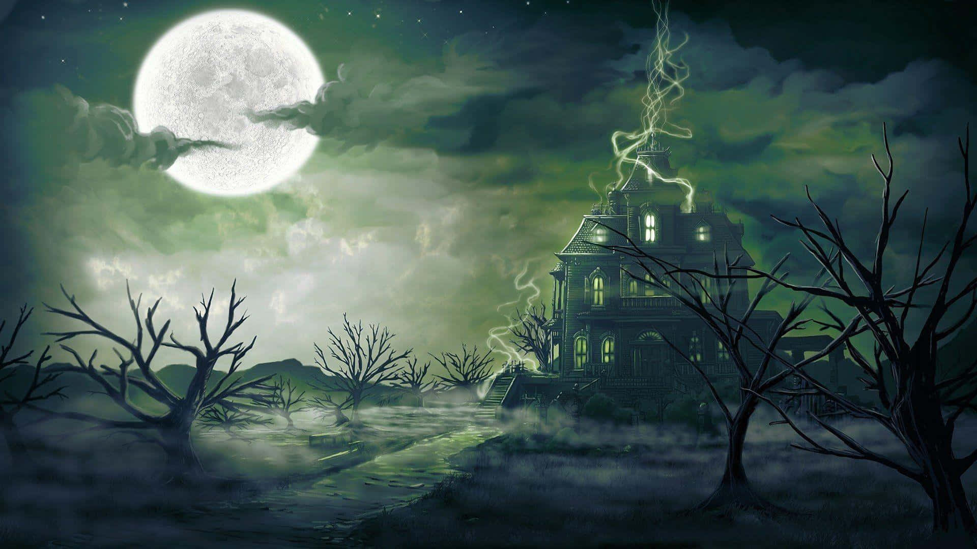 Haunted Forests, glowing windows, lightning crackling, Full HD Desktop Wallpaper