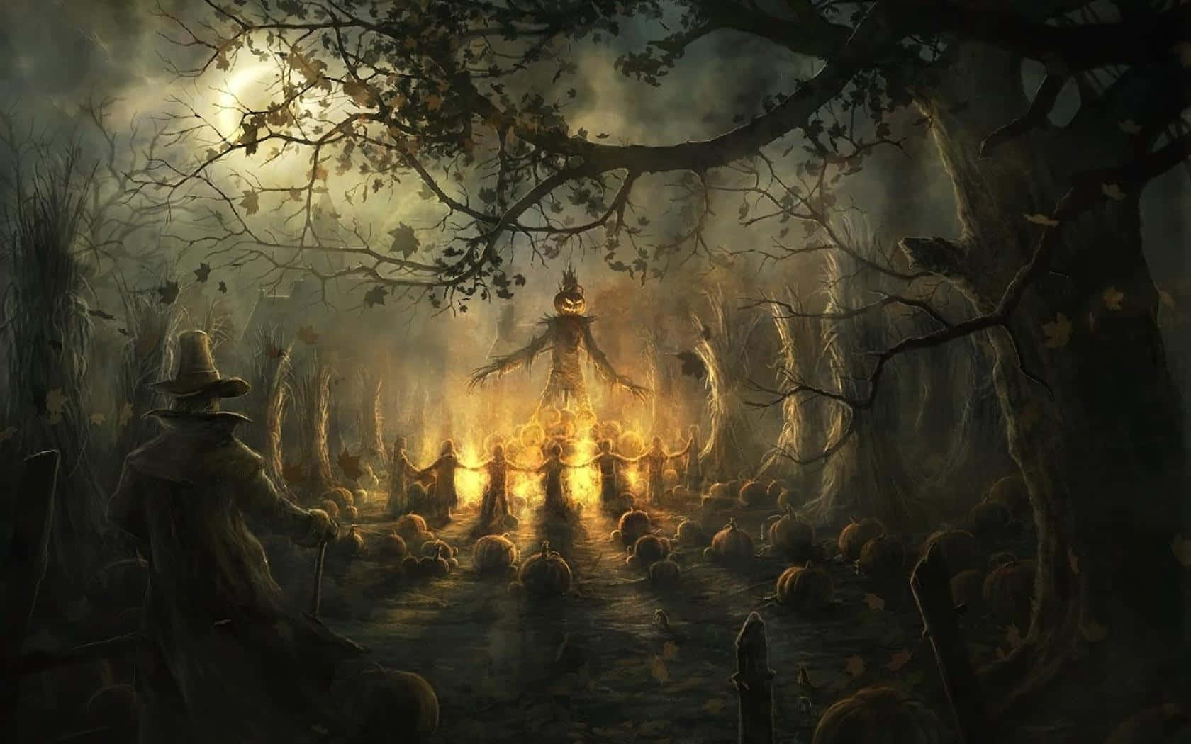 haunted forests, hooded figure, misty autumn forest, HD Desktop Wallpaper