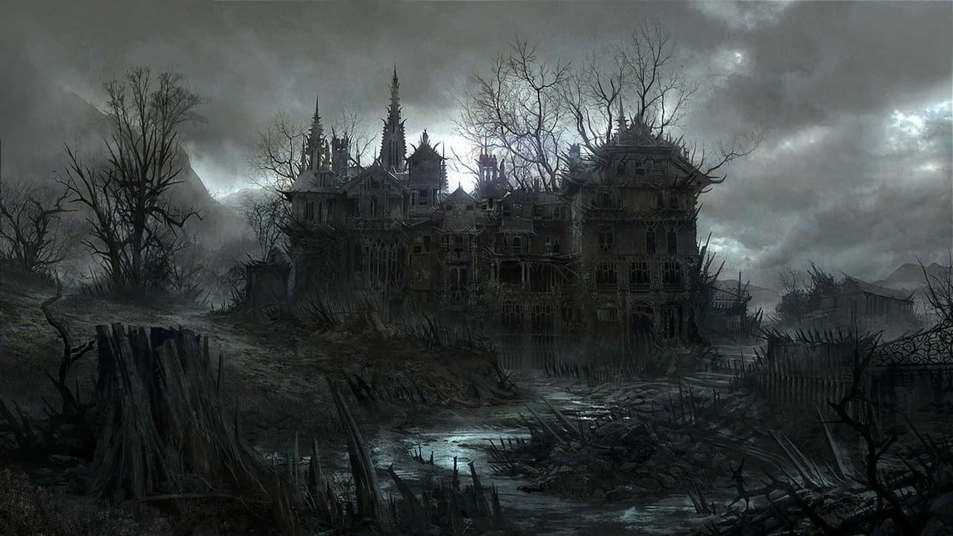 haunted forests, gothic mansion, stormy gray sky, Full HD Desktop Wallpaper