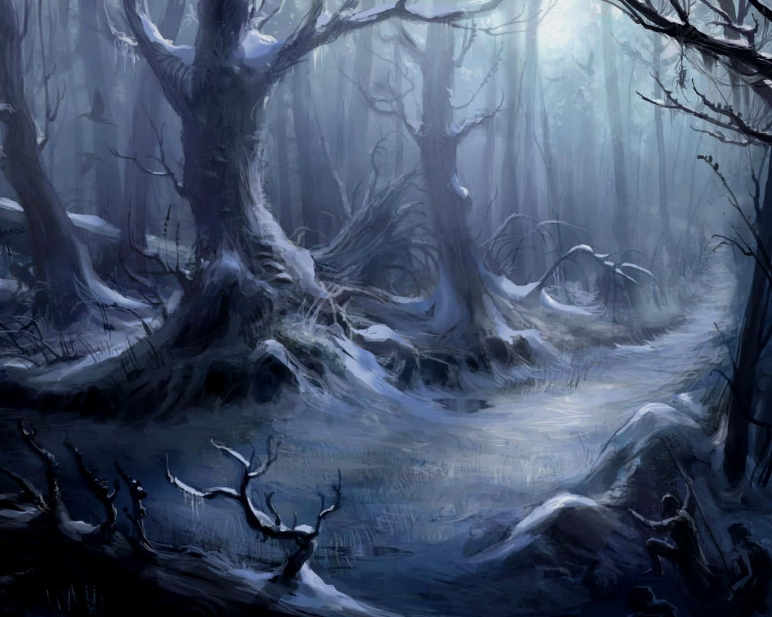 Haunted Forests, winter forest, snow-covered twisted trees, HD Desktop Wallpaper