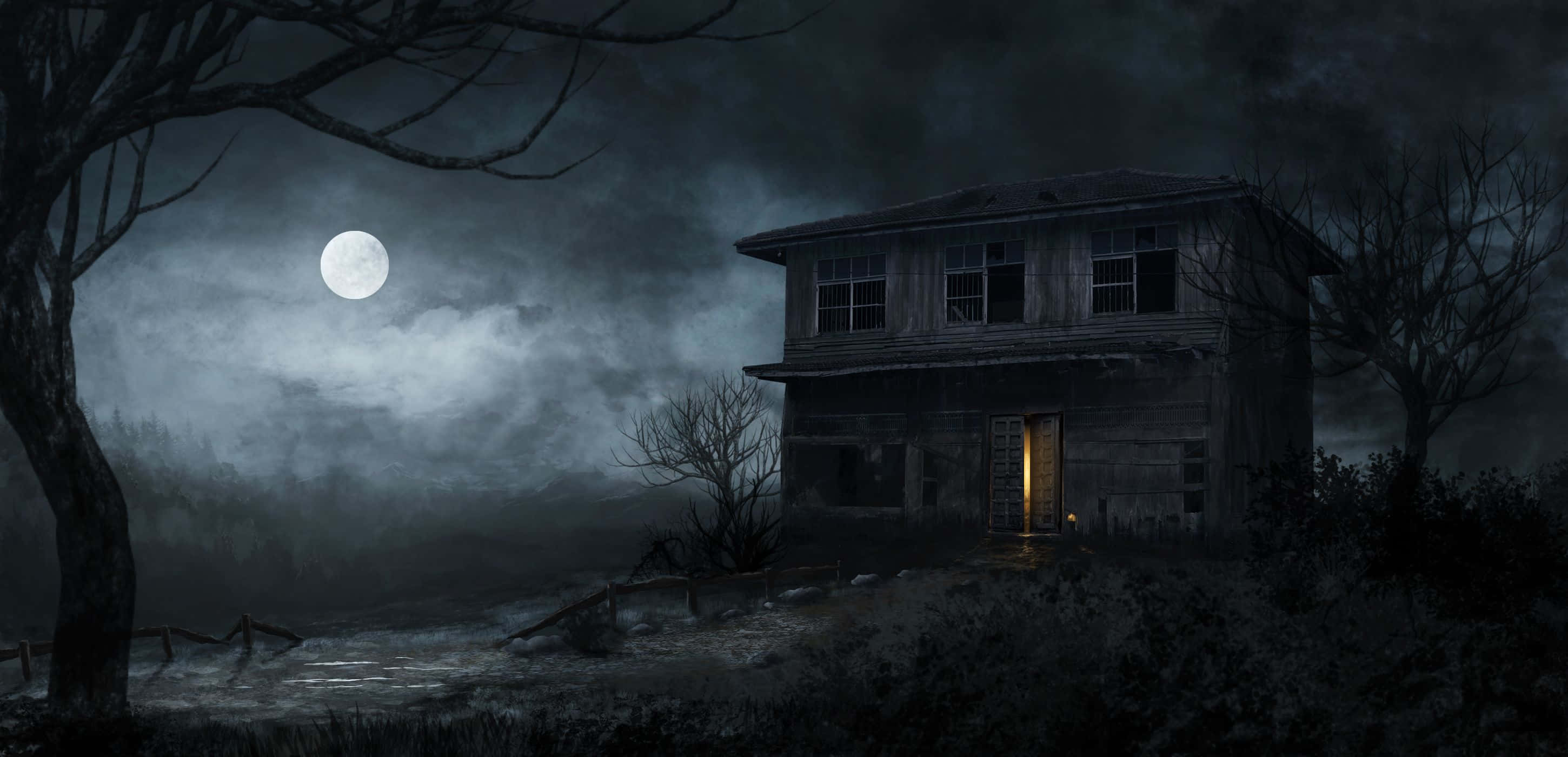Haunted Forests, full moon, eerie fog, 2K Desktop Wallpaper