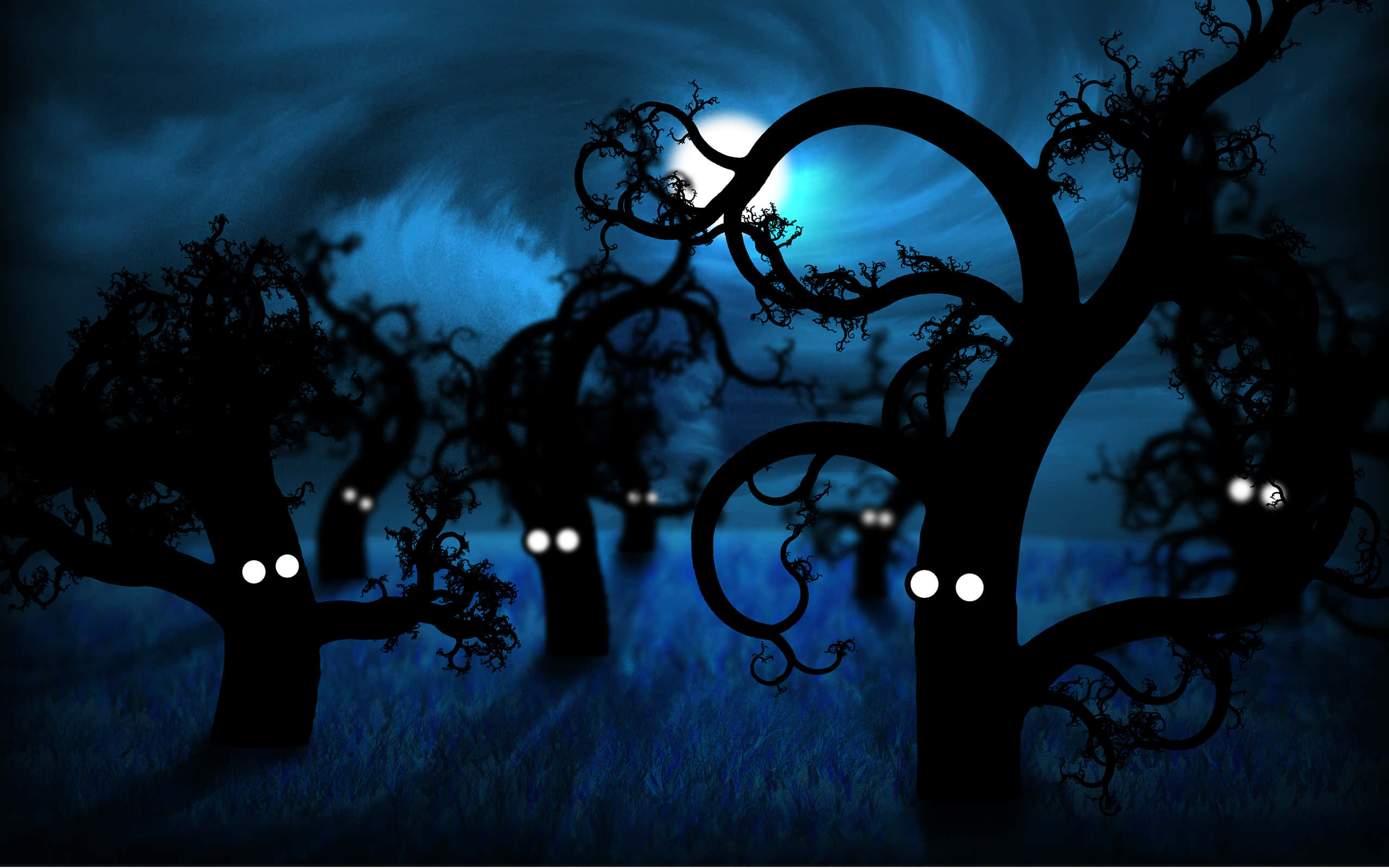 Haunted Forests, twisted trees, glowing eyes, 2K Desktop Wallpaper