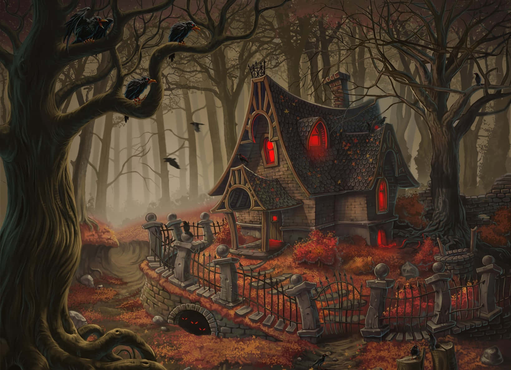 Haunted Forests, glowing red windows, misty autumn forest, HD Desktop Wallpaper