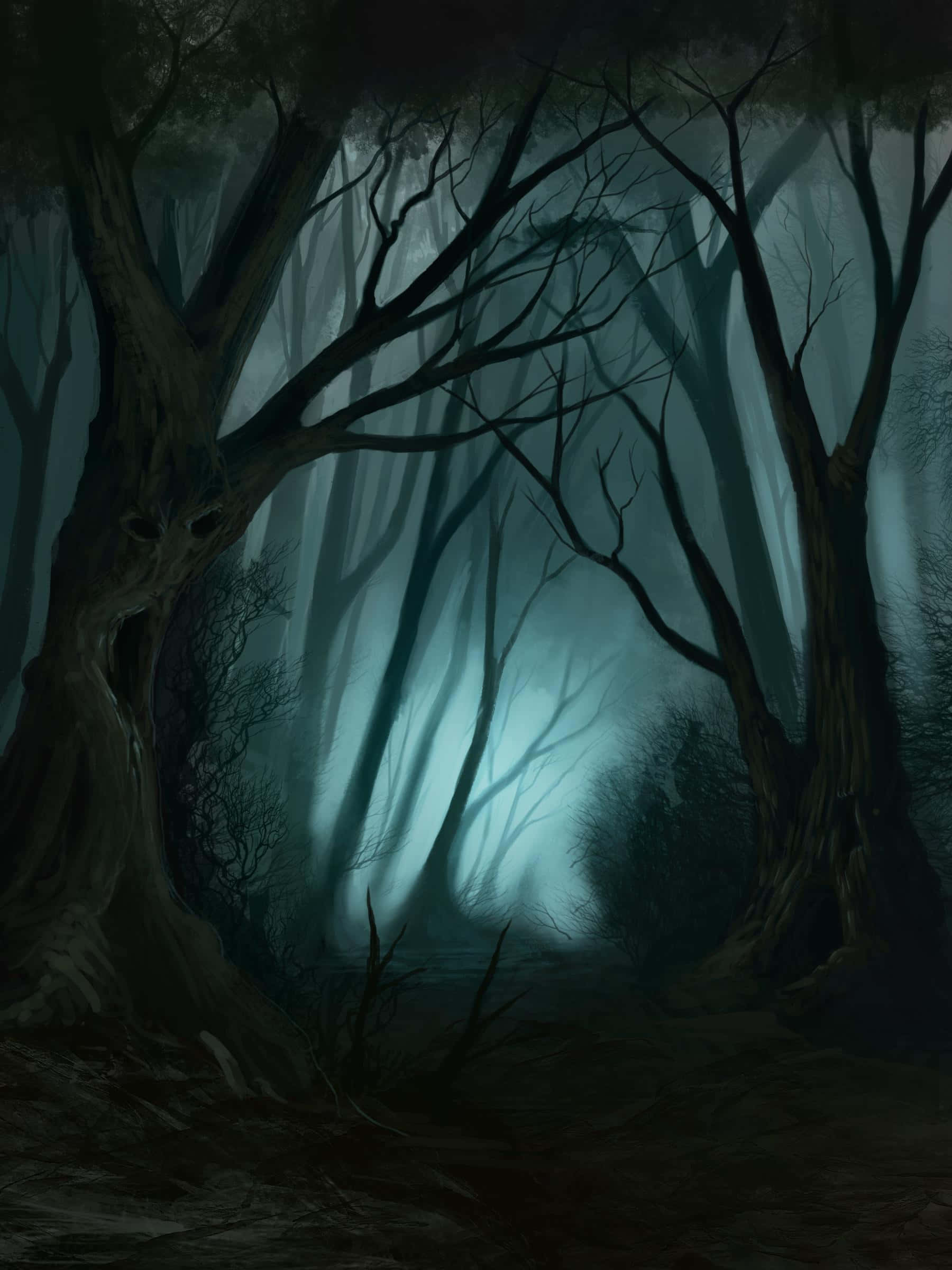 Haunted Forests, misty twilight forest, gnarled trees, Full HD Phone Wallpaper