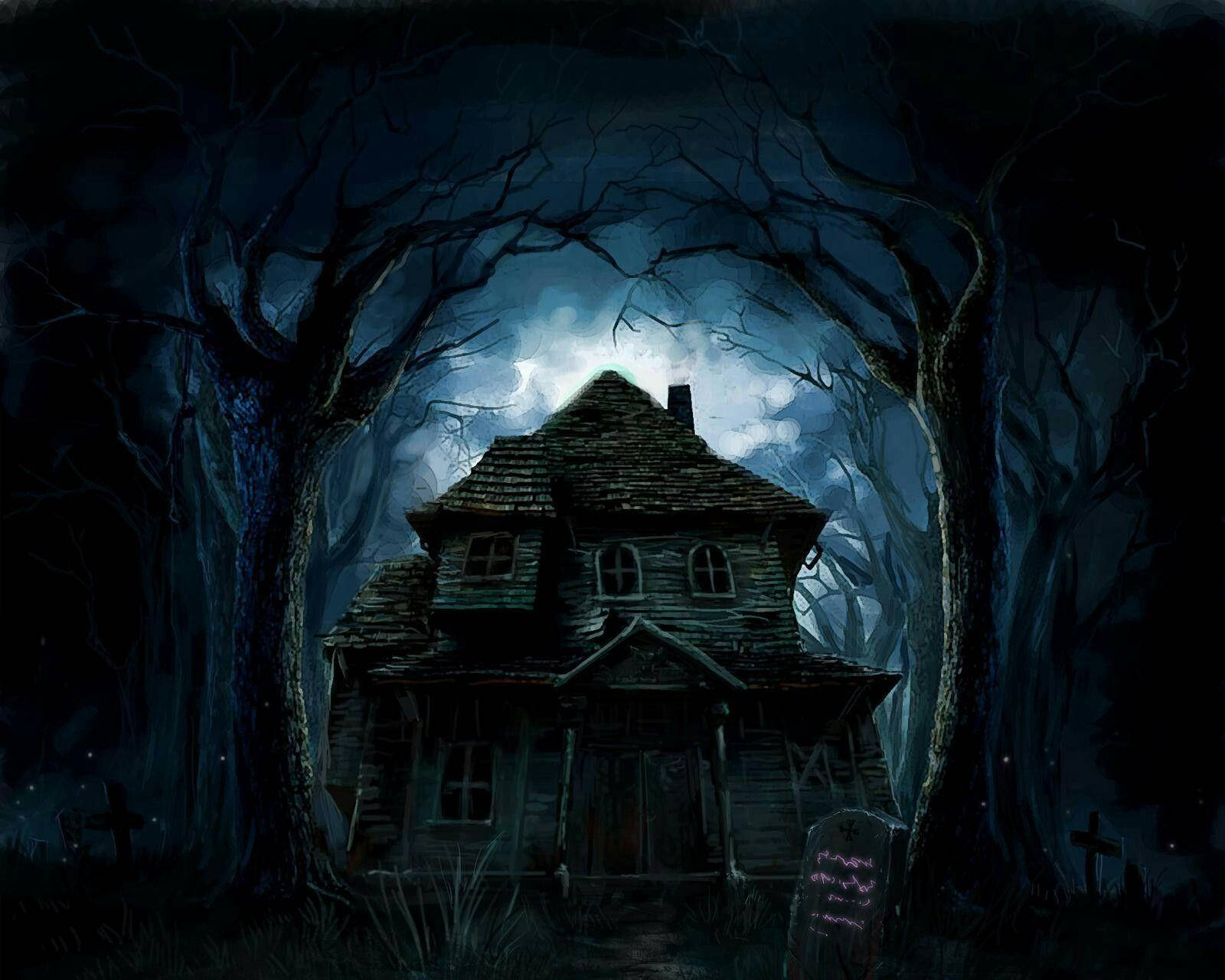 Haunted House, Dark Forest, Moonlit Sky, HD Desktop Wallpaper