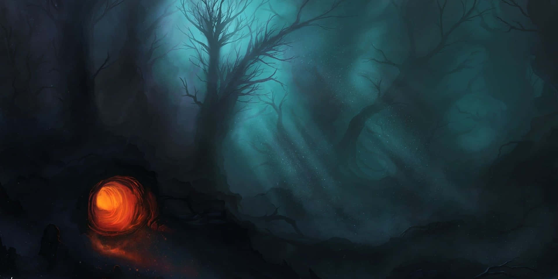 glowing orange portal, dark eerie forest, twisted trees, Full HD Desktop Wallpaper