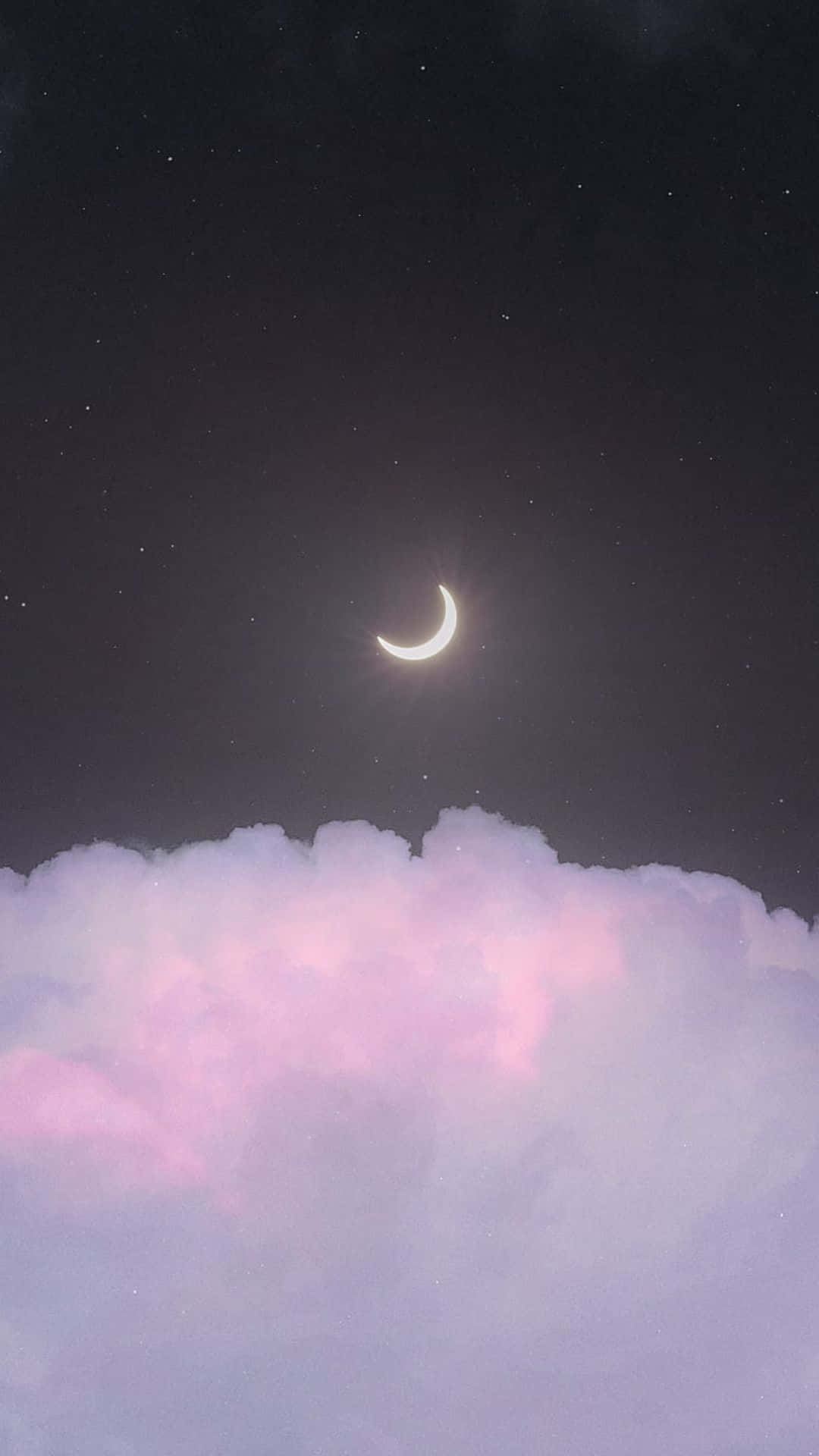 glowing crescent moon, soft pink and purple clouds, starry night sky, Full HD Phone Wallpaper