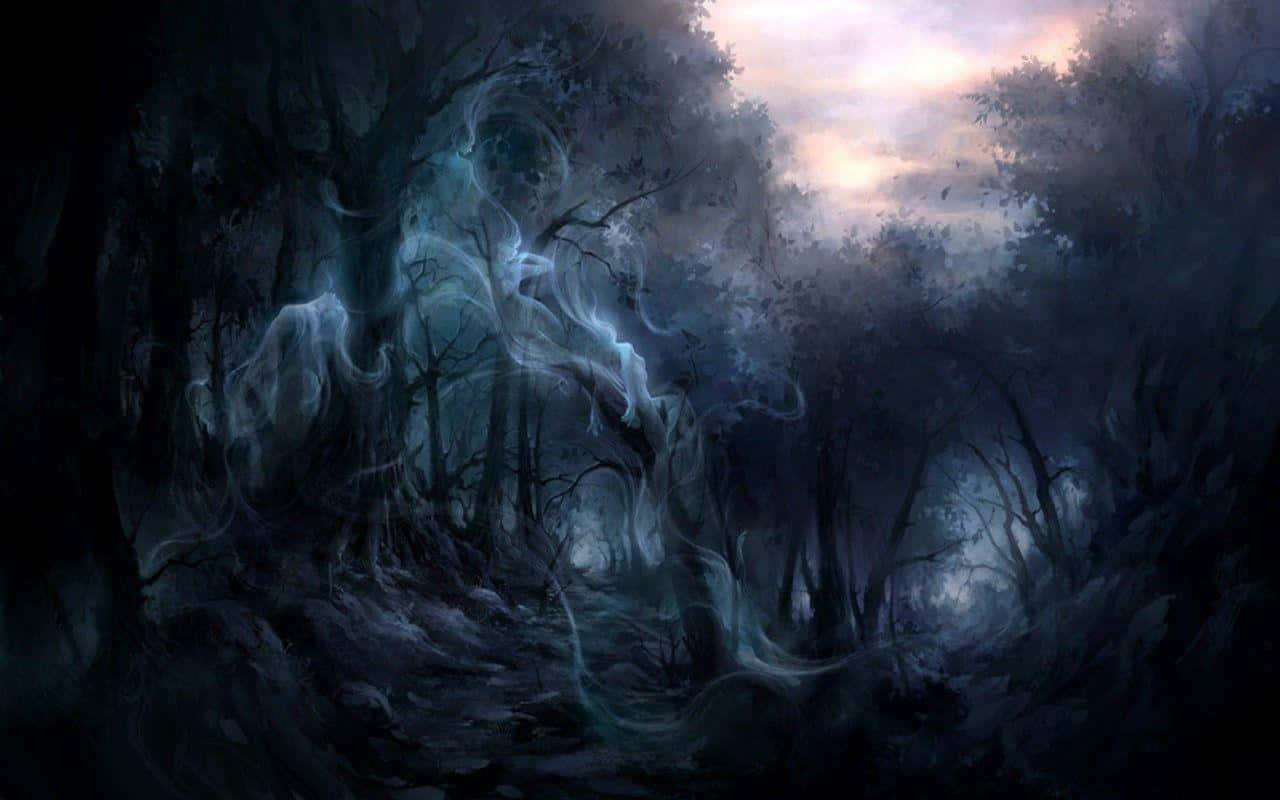 Haunted Forests, twilight sky, misty ghostly figures, HD Desktop Wallpaper