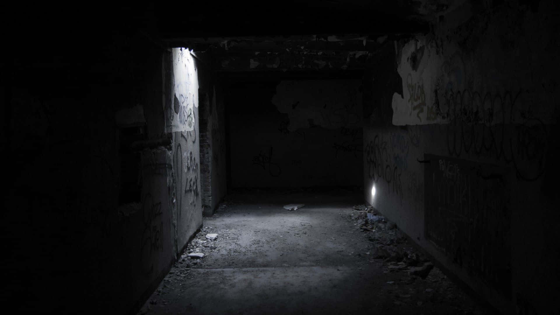 abandoned concrete tunnel, graffiti walls, dim light, Full HD Desktop Wallpaper