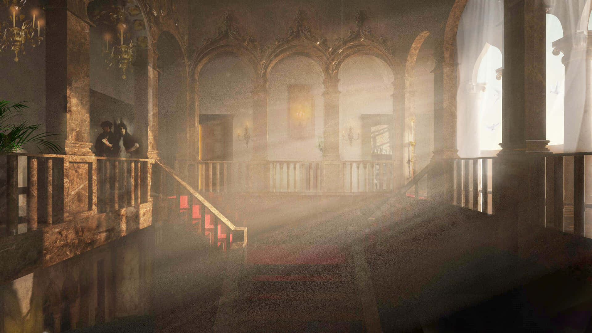Haunted Hotels, gothic-style interior hallway, arched windows, Full HD Desktop Wallpaper