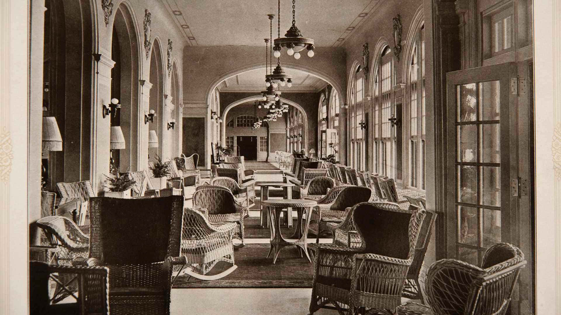 Haunted Hotels, sepia-toned, wicker chairs, Full HD Desktop Wallpaper