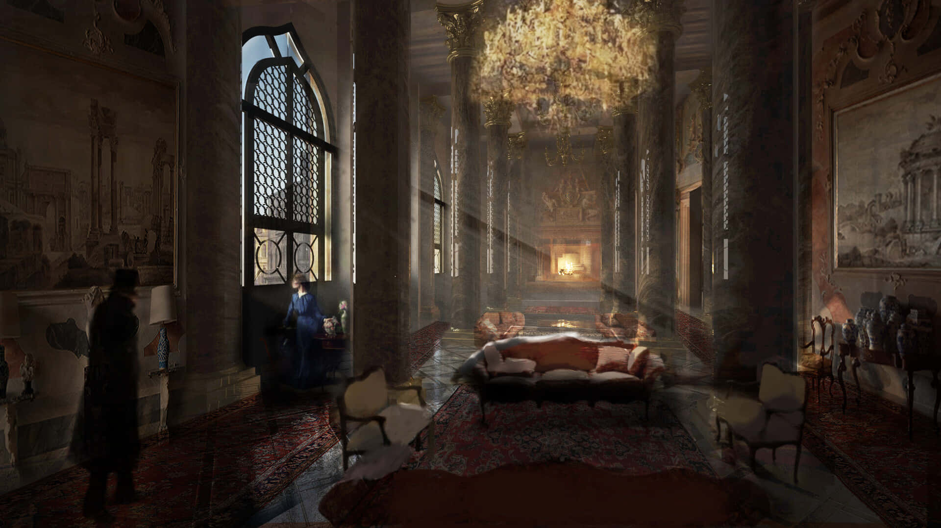 Haunted Hotels, arced windows, grand ornate hall, Full HD Desktop Wallpaper