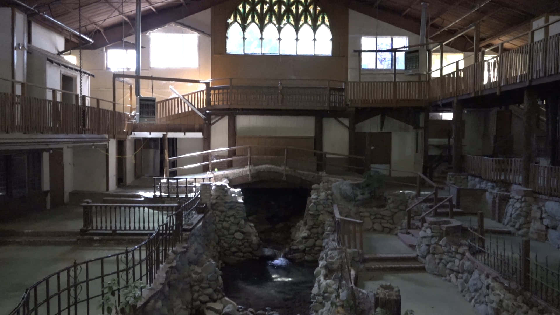 Haunted Hotels, rustic indoor water feature, stone bridge, Full HD Desktop Wallpaper