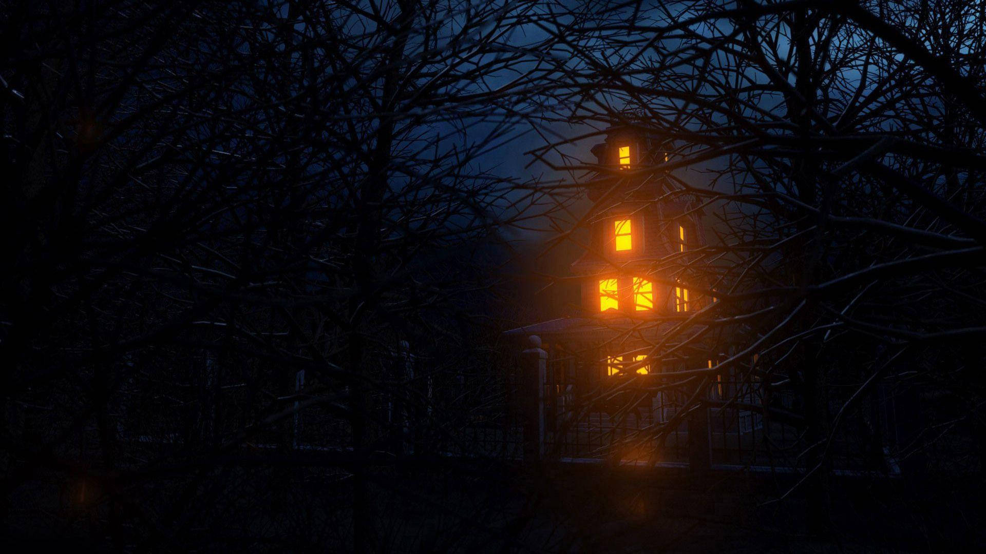 glowing haunted house, tower house, winter branches, Full HD Desktop Wallpaper