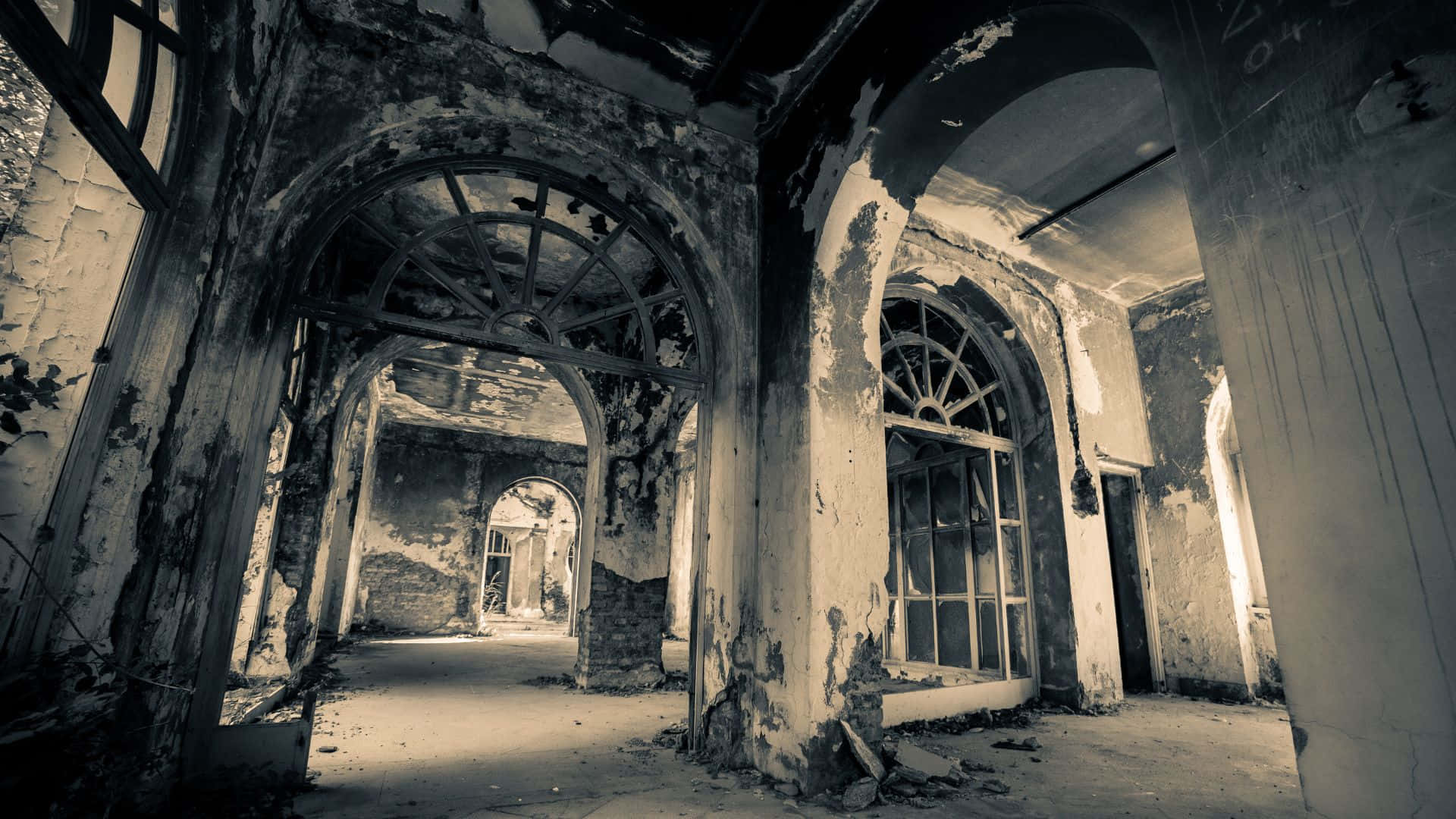 haunted hotels, abandoned mansion hallway, crumbling arches, Full HD Desktop Wallpaper