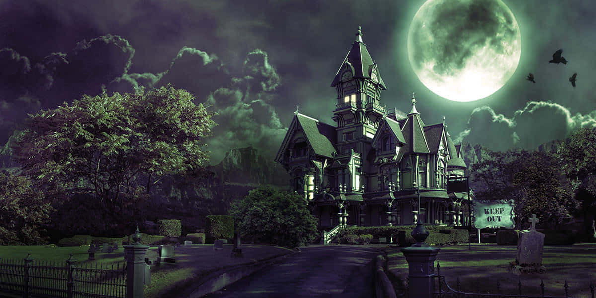 Haunted Hotels, Victorian mansion, glowing green full moon, SD Desktop Wallpaper