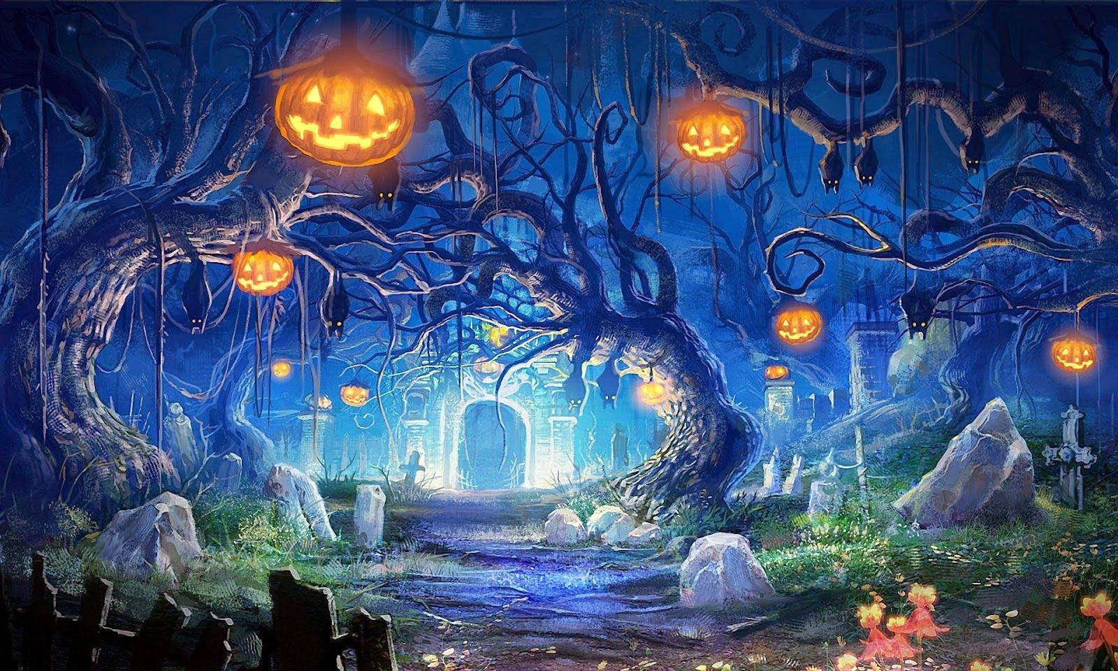 Haunted House Halloween, Halloween night, glowing jack-o-lanterns, HD Desktop Wallpaper