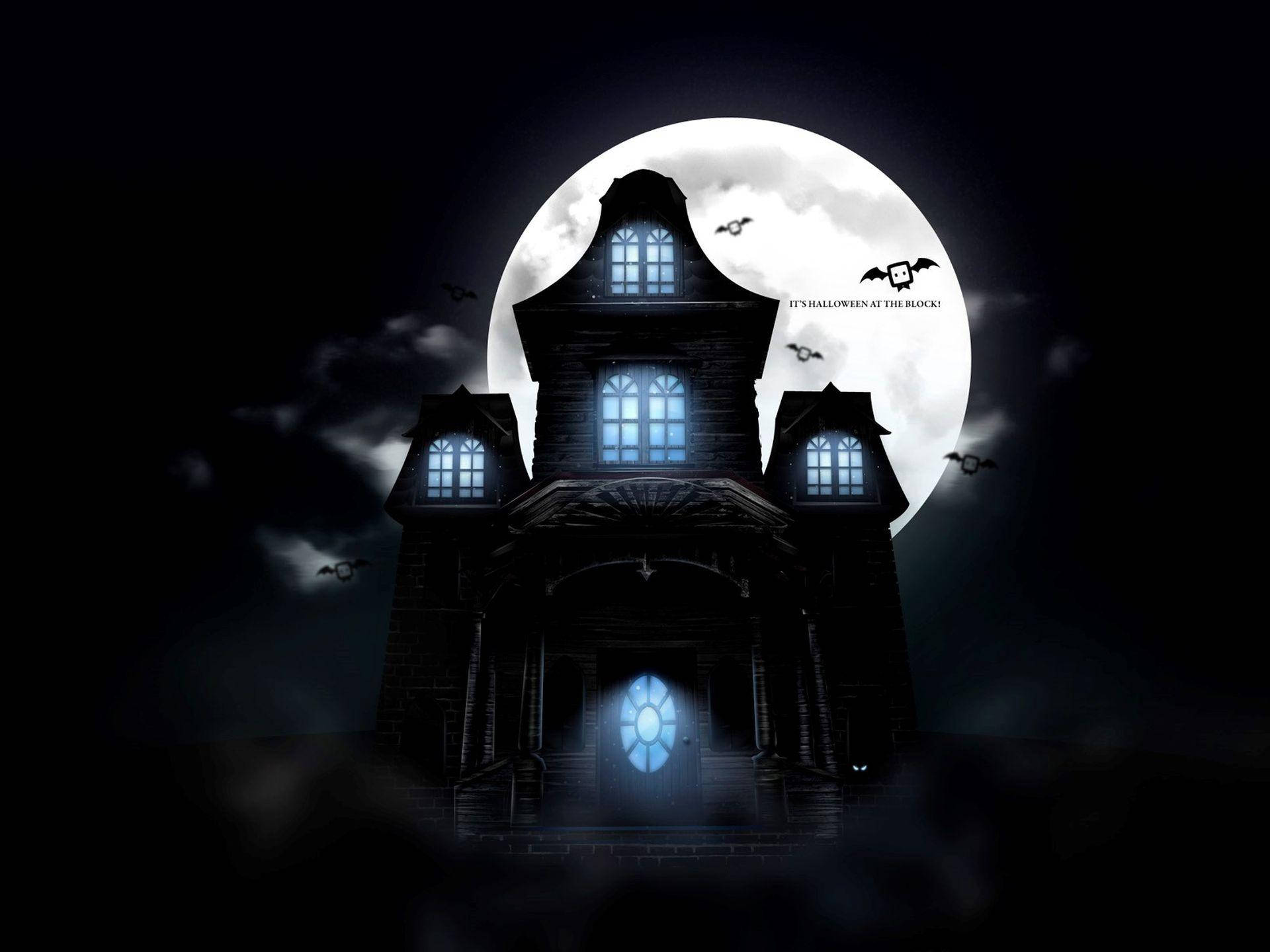 Haunted House Halloween, glowing blue windows, full moon, Full HD Desktop Wallpaper