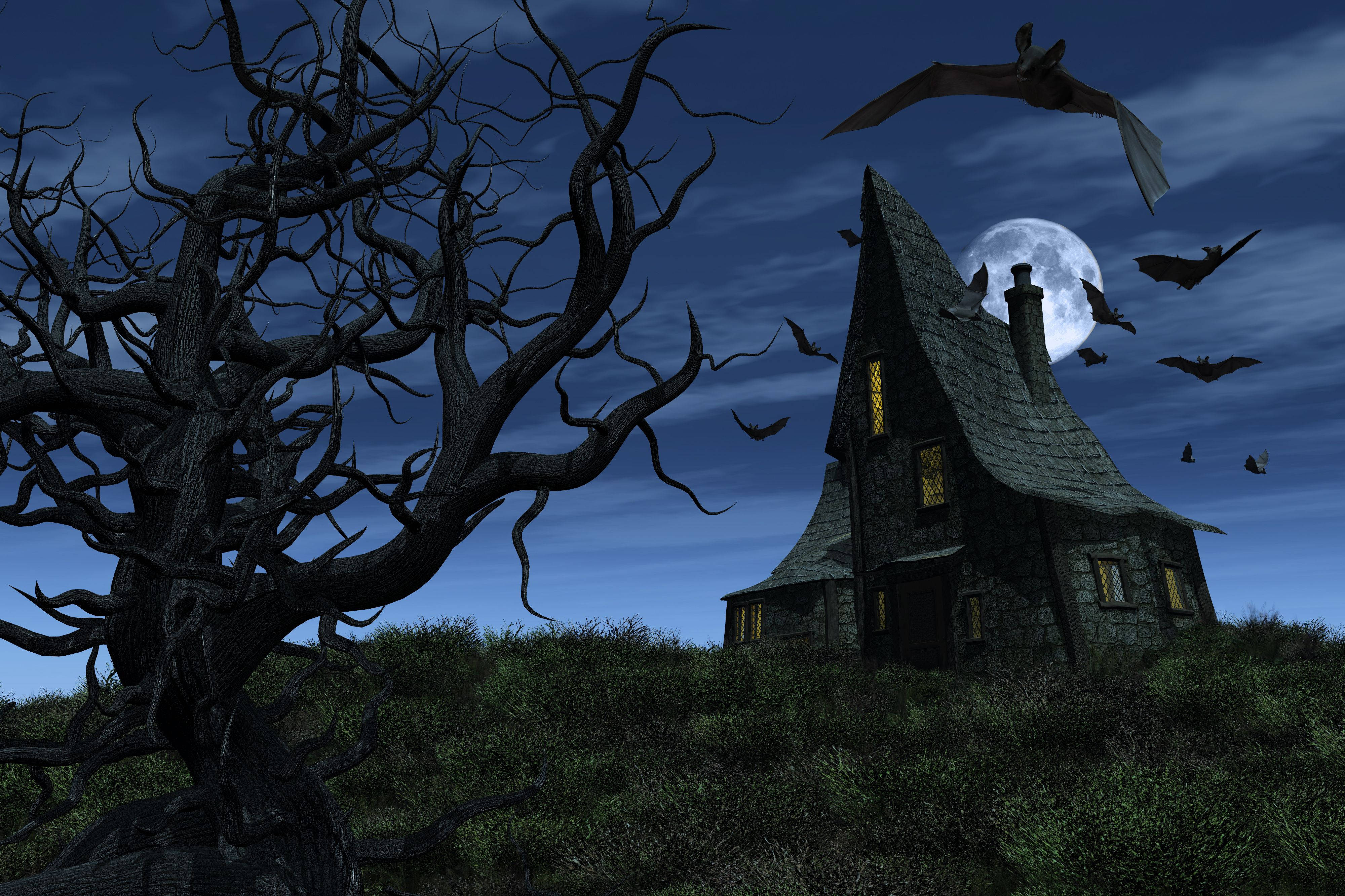 Haunted House, Halloween, glowing windows, 4K Desktop Wallpaper