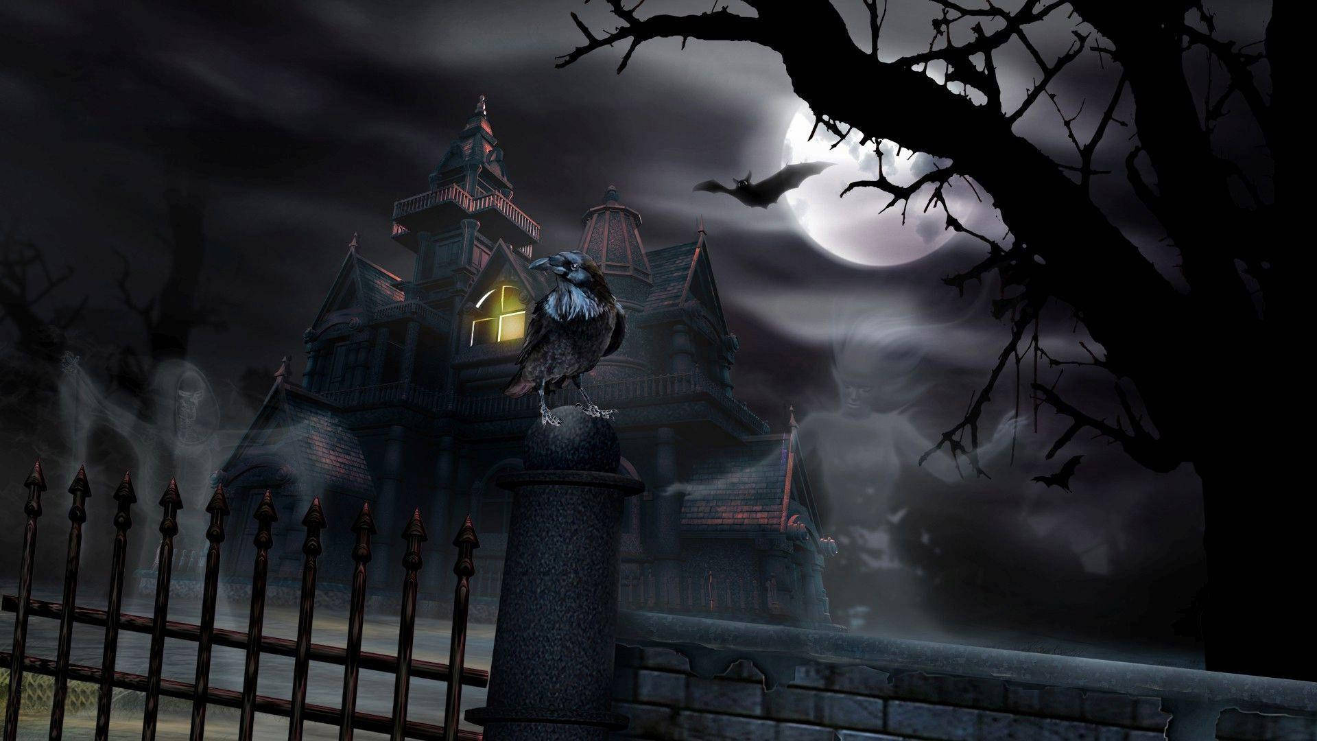 Haunted House Halloween, full moon, crow, Full HD Desktop Wallpaper