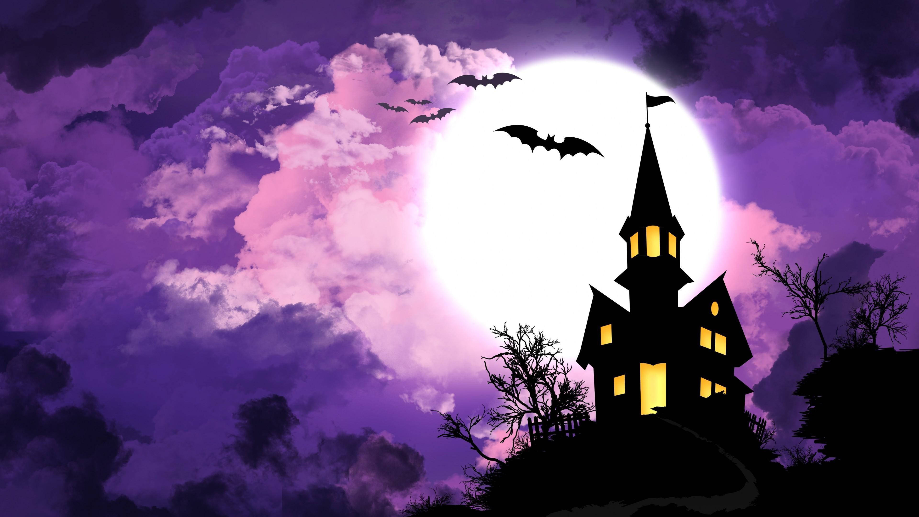 haunted house, Halloween night, vibrant purple moonlit sky, 4K Desktop Wallpaper