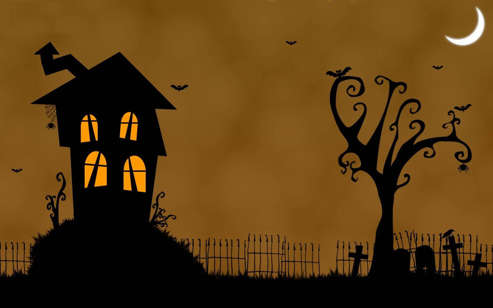 Haunted House Halloween, glowing windows, twisted tree, HD Desktop Wallpaper