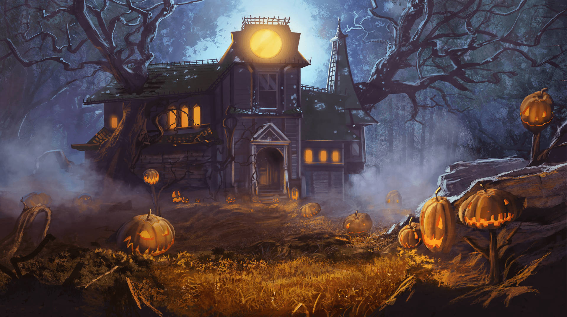 haunted house, Halloween night, glowing jack-o-lanterns, Full HD Desktop Wallpaper