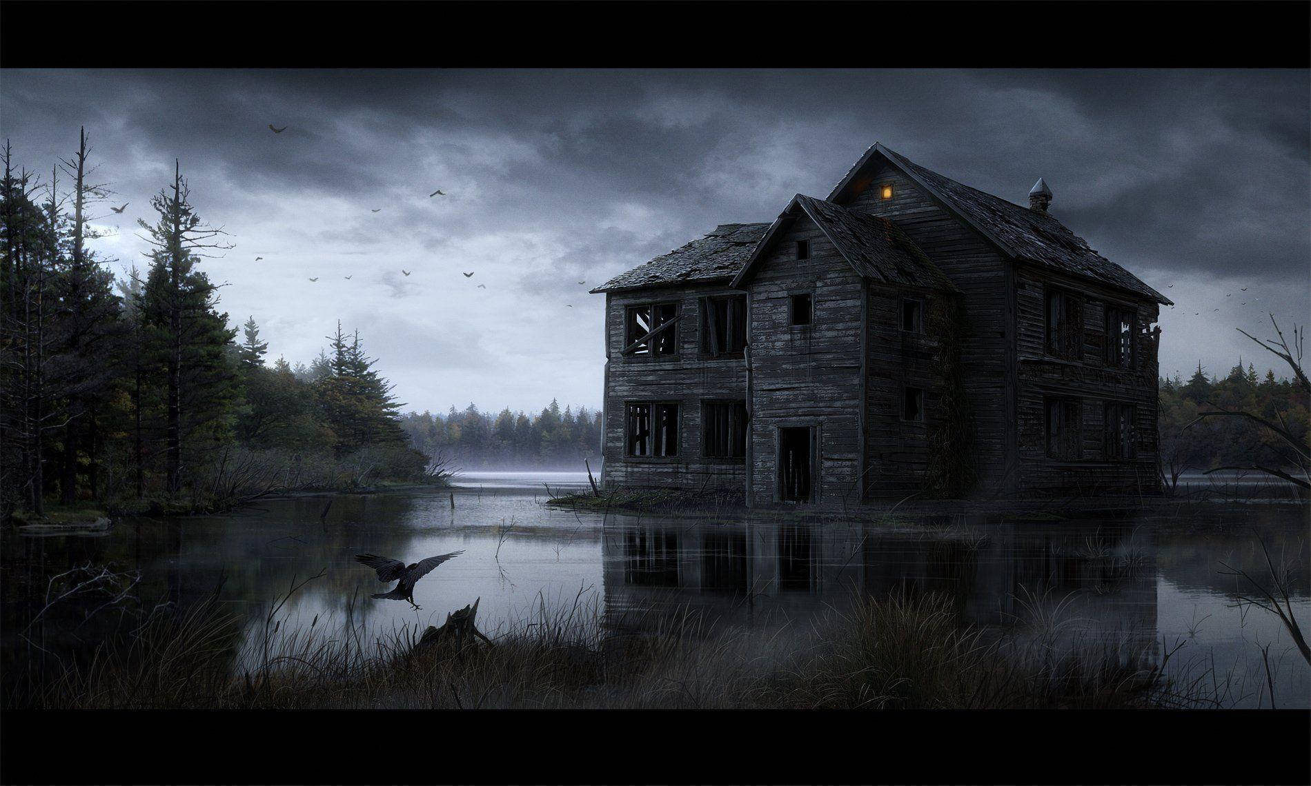 Haunted House Halloween, dilapidated wooden house, misty lake, HD Desktop Wallpaper
