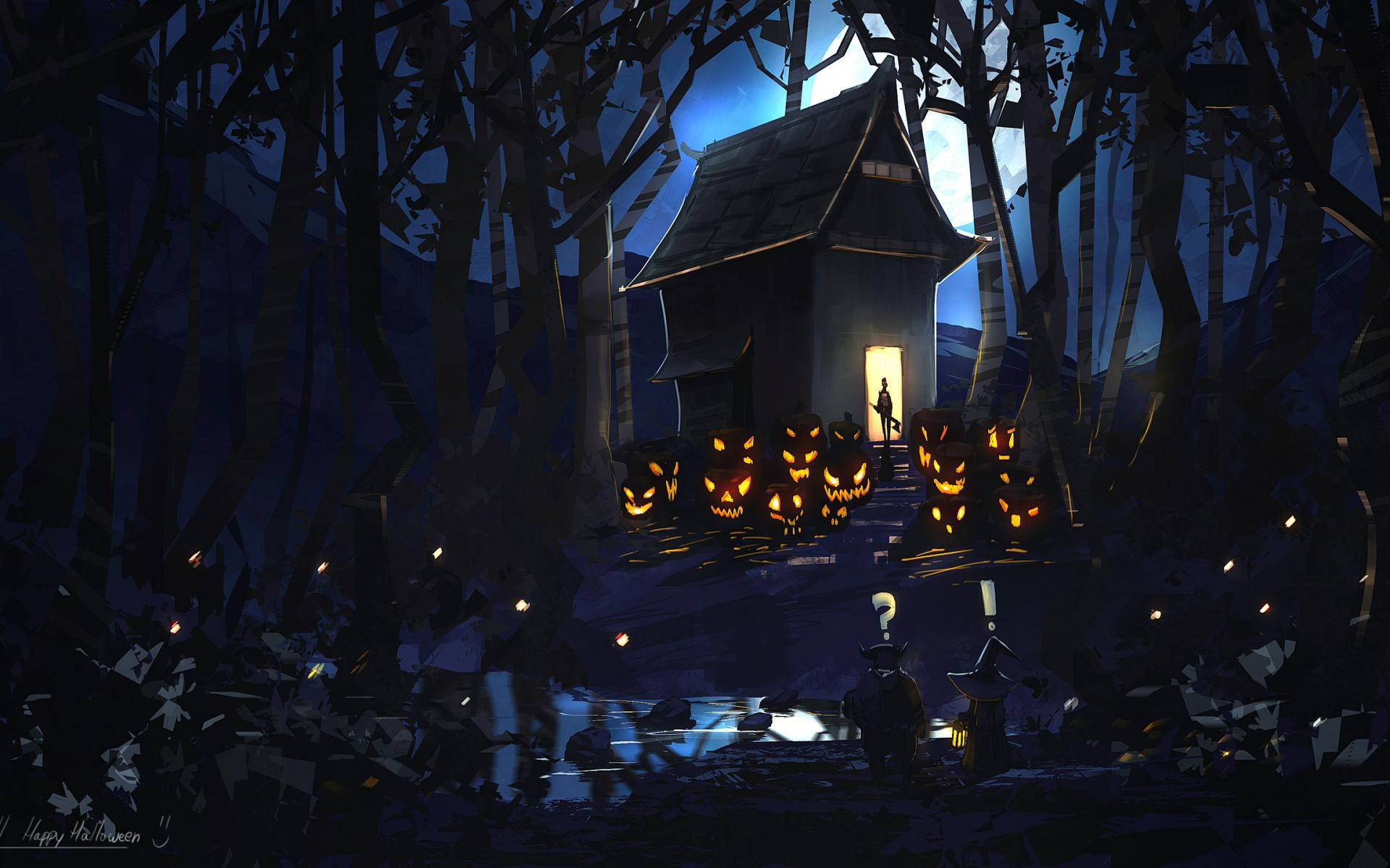 Haunted House Halloween, jack-o-lanterns, dark forest, Full HD Desktop Wallpaper