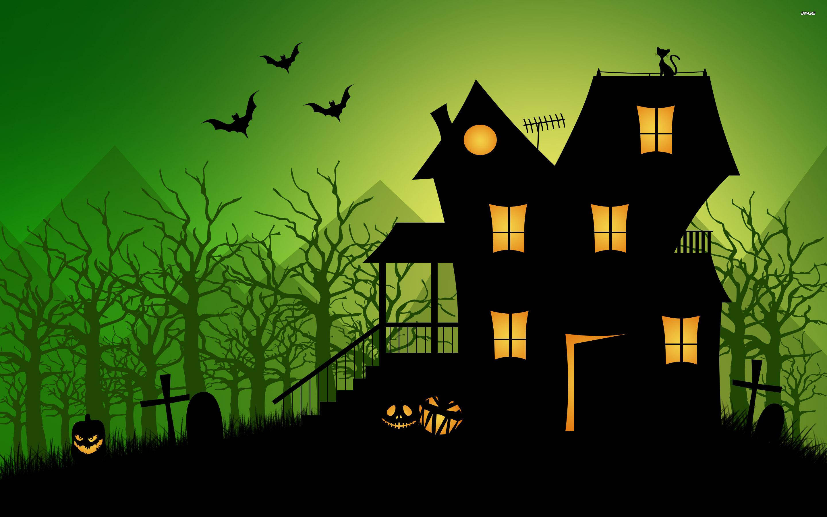 haunted house, jack-o-lanterns, green twilight sky, 2K Desktop Wallpaper