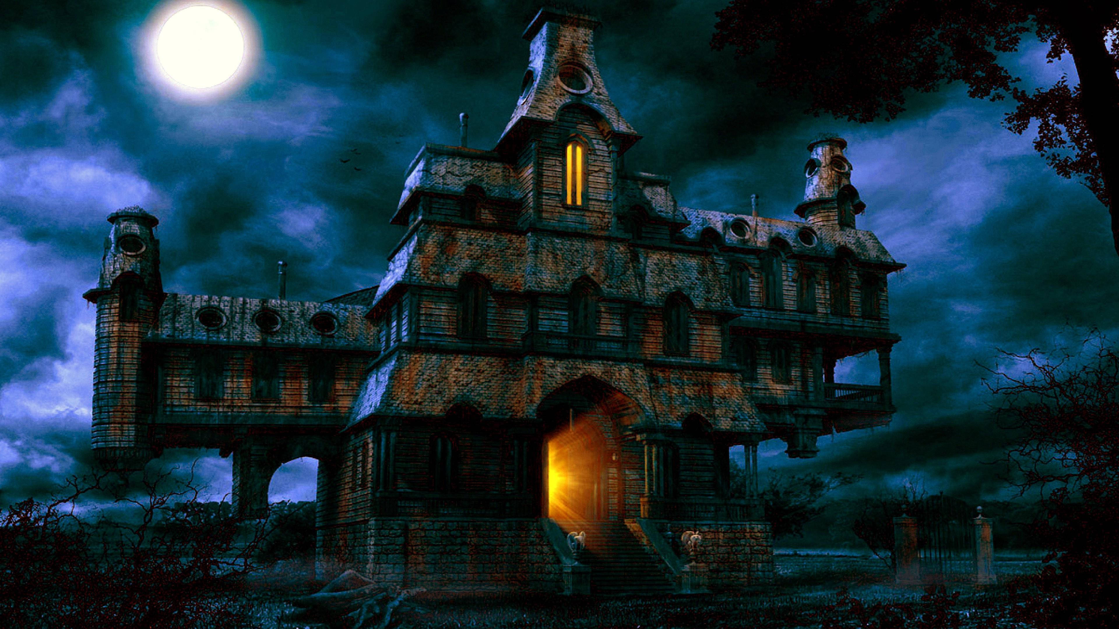 Haunted House Halloween, gothic mansion, glowing windows, 4K Desktop Wallpaper