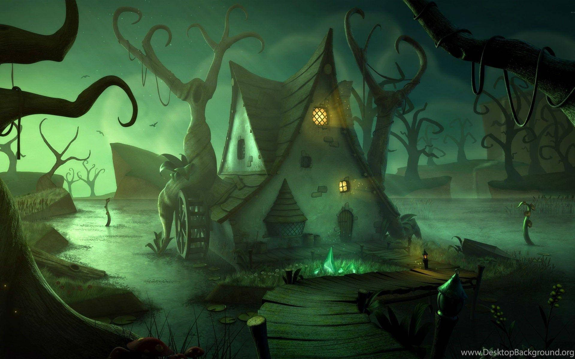 Haunted House Halloween, glowing windows, misty swamp, Full HD Desktop Wallpaper