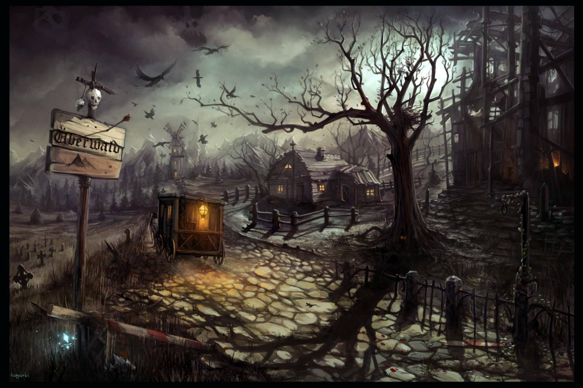 Haunted House Halloween, haunted carriage, graveyard, Full HD Desktop Wallpaper
