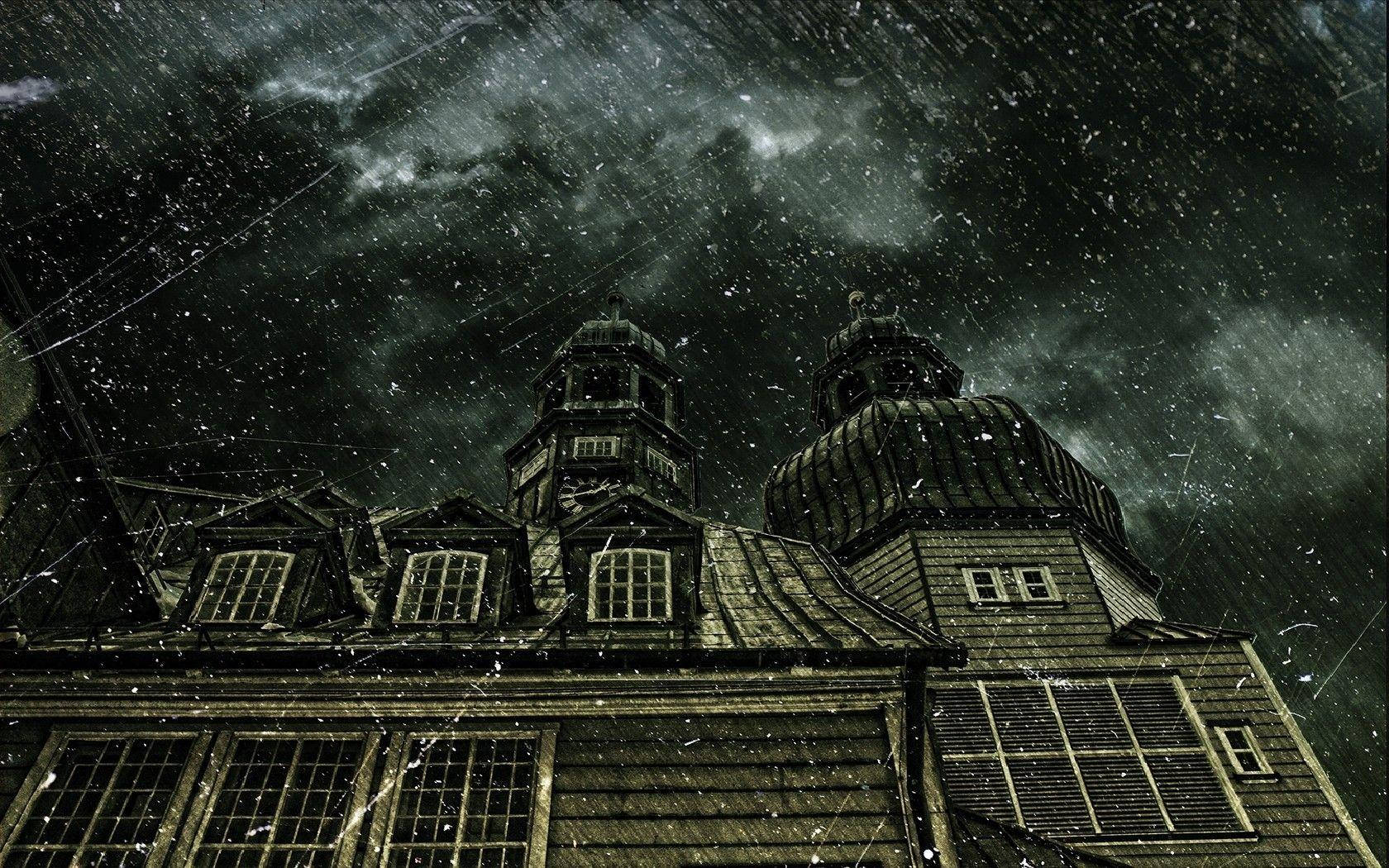 haunted house, Halloween night, weathered wooden church, HD Desktop Wallpaper