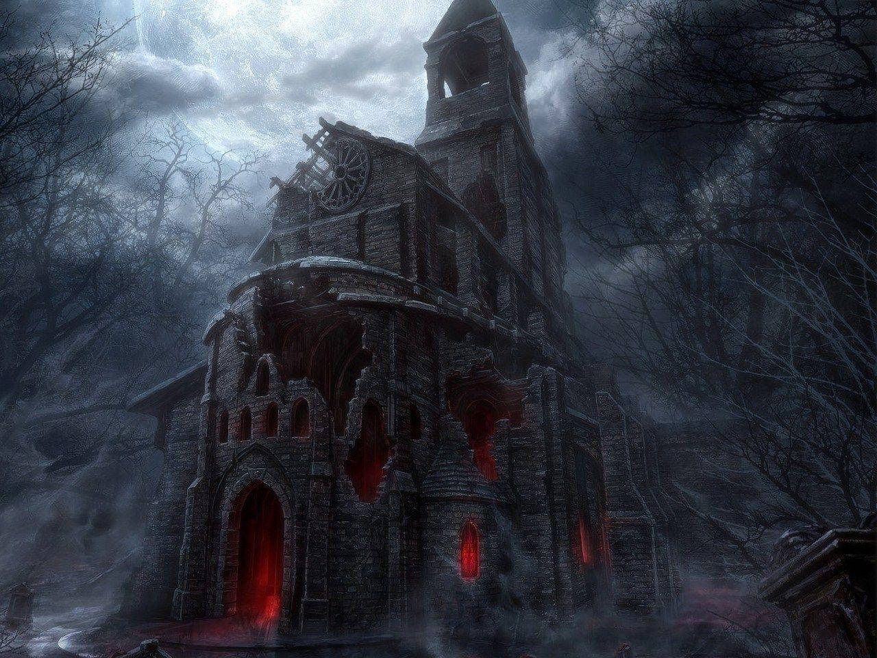 Haunted House, Halloween Night, crumbling gothic church, HD Desktop Wallpaper