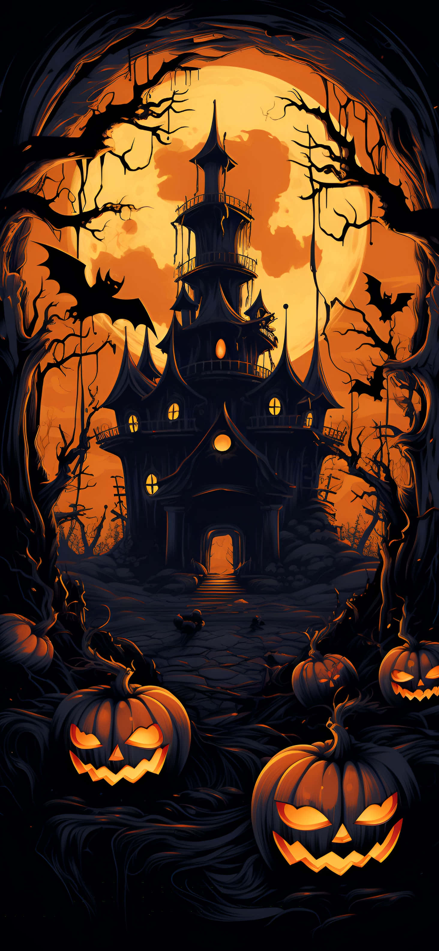 Halloween Haunted House, glowing windows, giant orange moon, 2K Phone Wallpaper