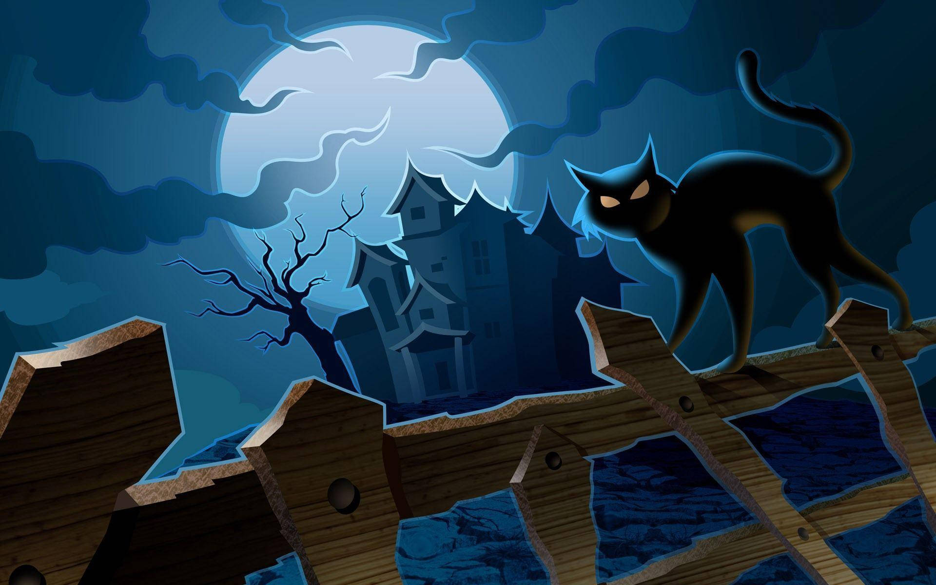 black cat, wooden fence, full moon, Full HD Desktop Wallpaper