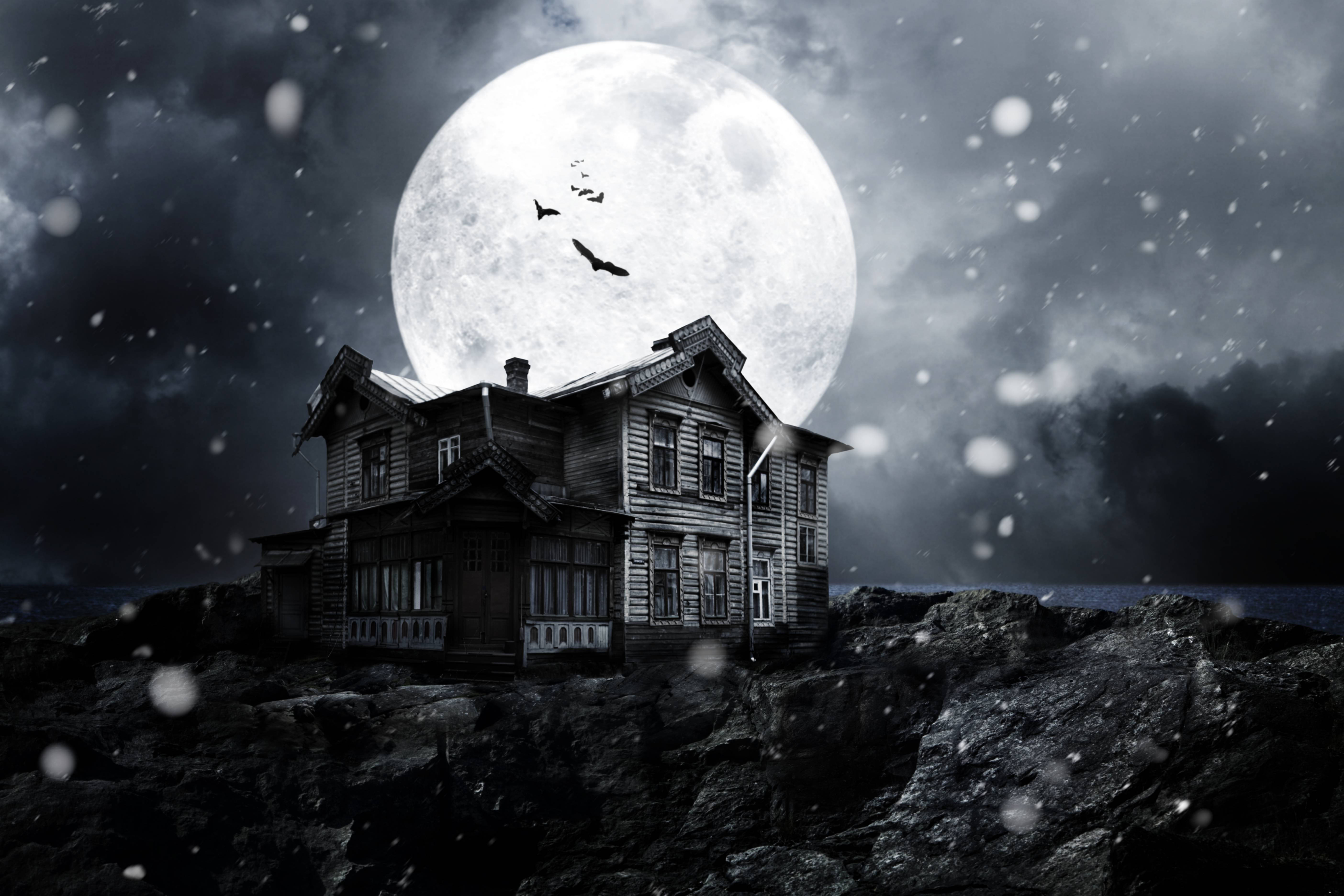 haunted house, rocky cliffs, full moon, 5K Desktop Wallpaper