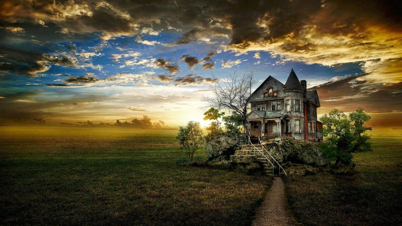 Victorian house, rocky outcrop, vast field, HD Desktop Wallpaper
