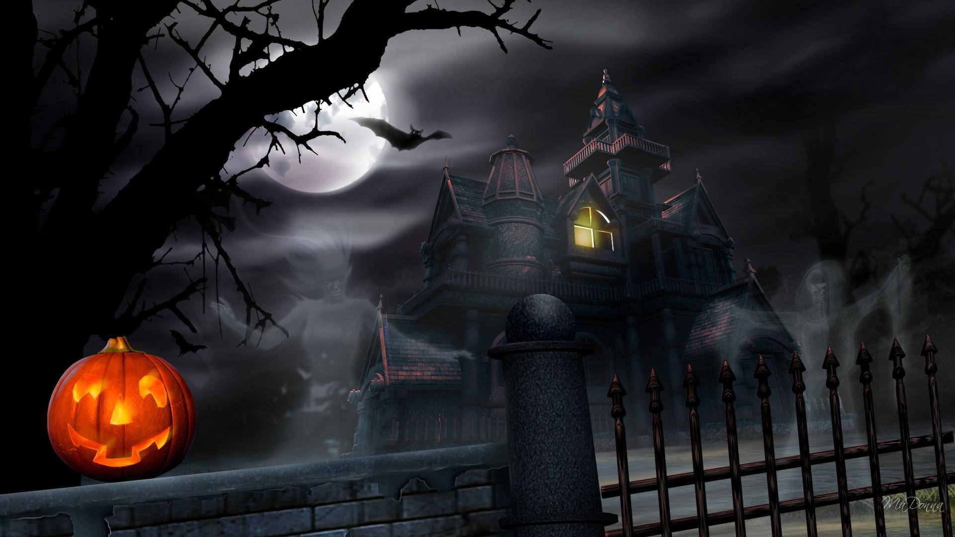 haunted house, jack-o'-lantern, spooky haunted mansion, Full HD Desktop Wallpaper