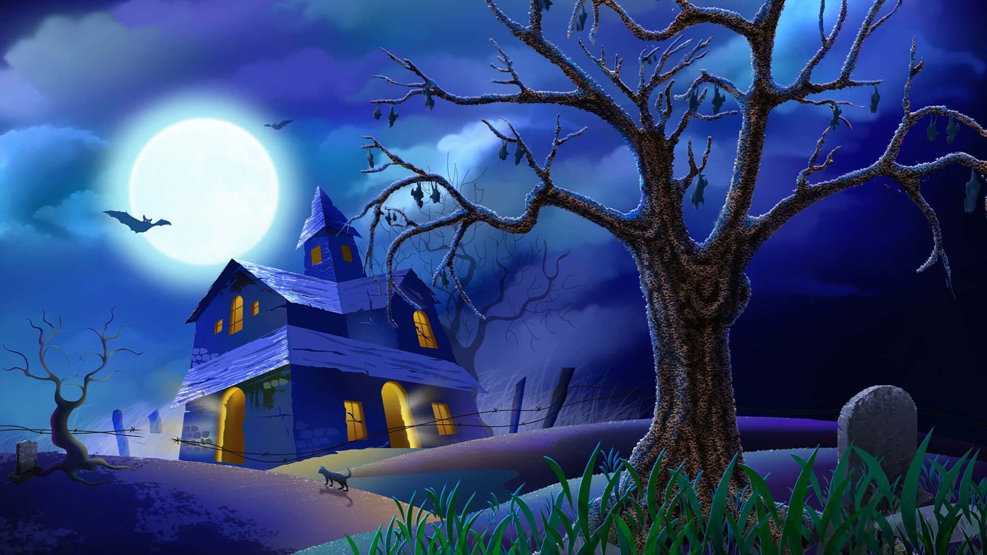 haunted house, full moon, bats, Full HD Desktop Wallpaper