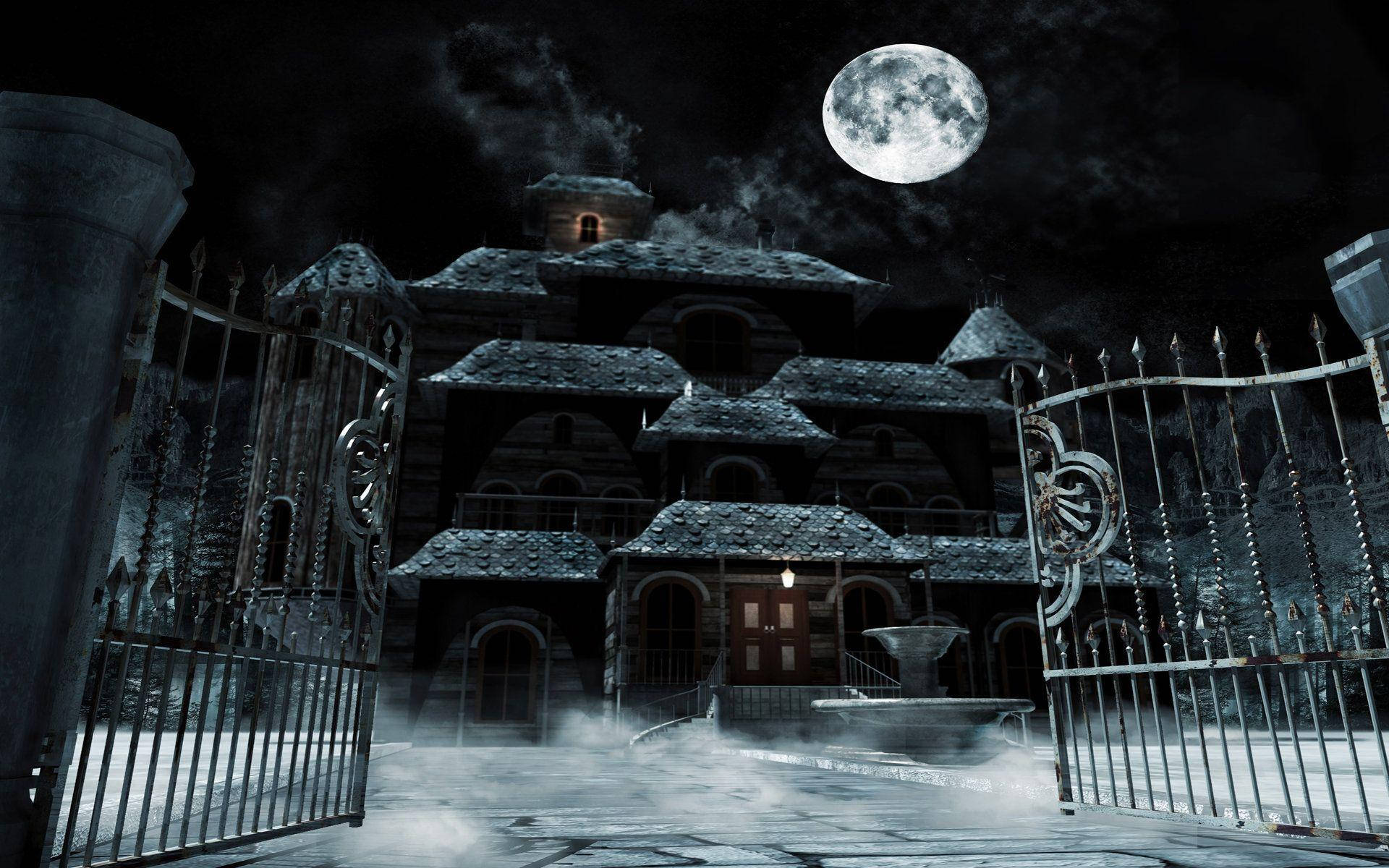 foggy haunted house, full moon, gothic mansion, Full HD Desktop Wallpaper