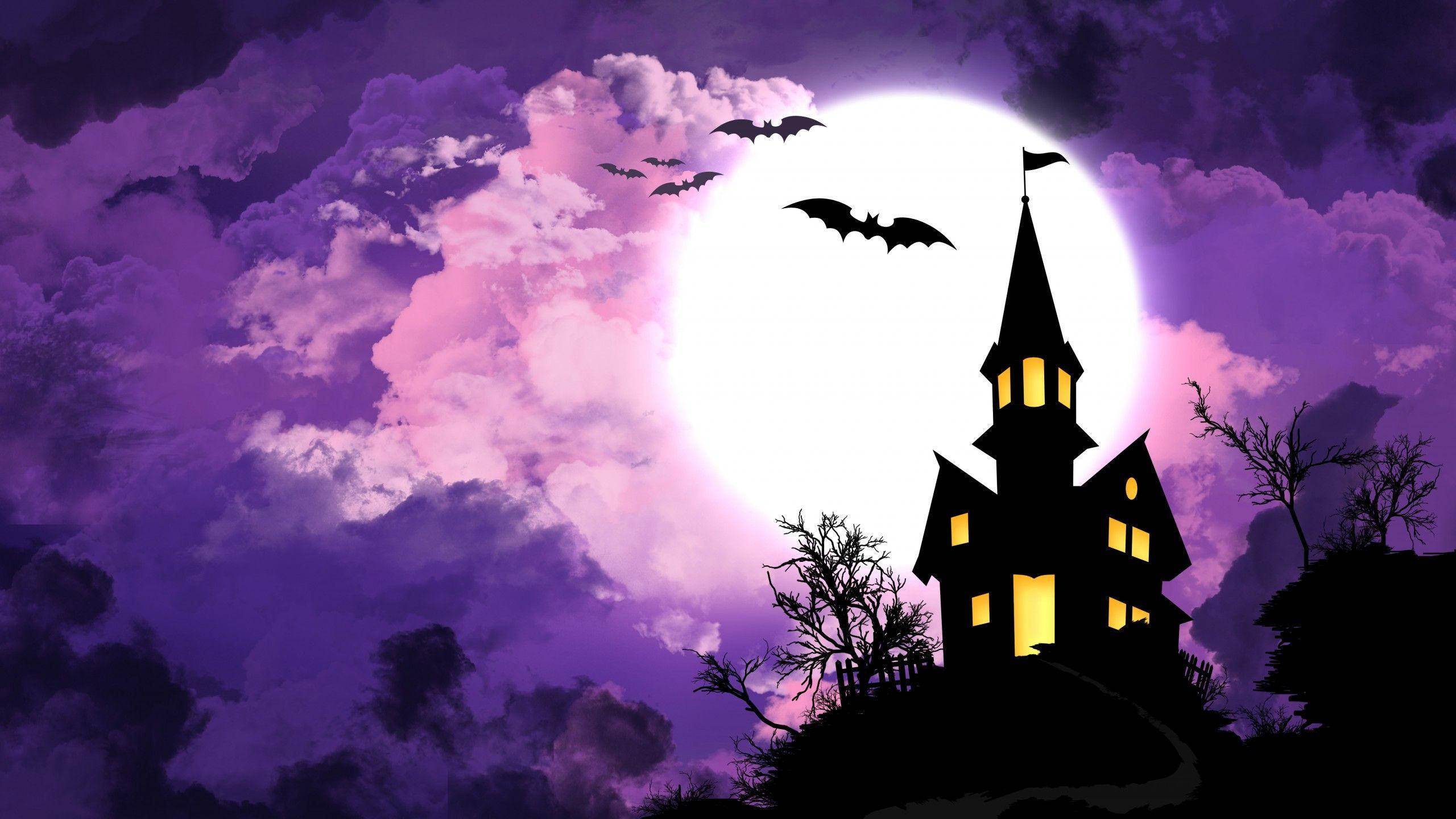 Haunted House, purple night sky, warm lights, 2K Desktop Wallpaper