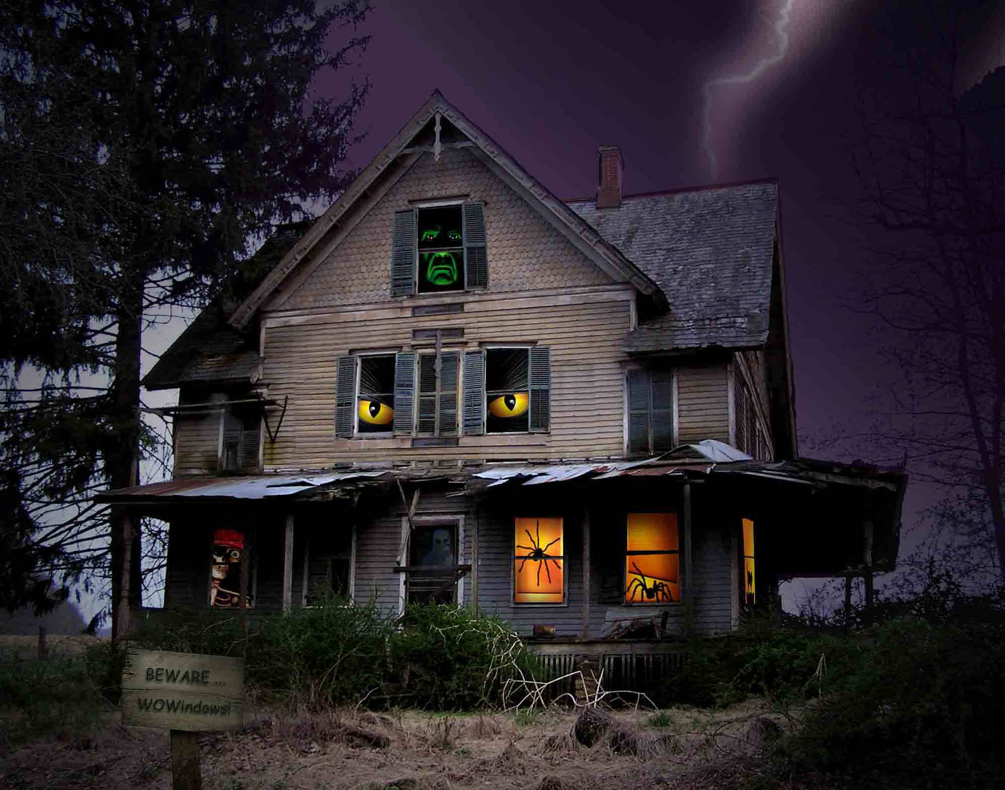 Haunted House, stormy skies, glowing eyes, Full HD Desktop Wallpaper