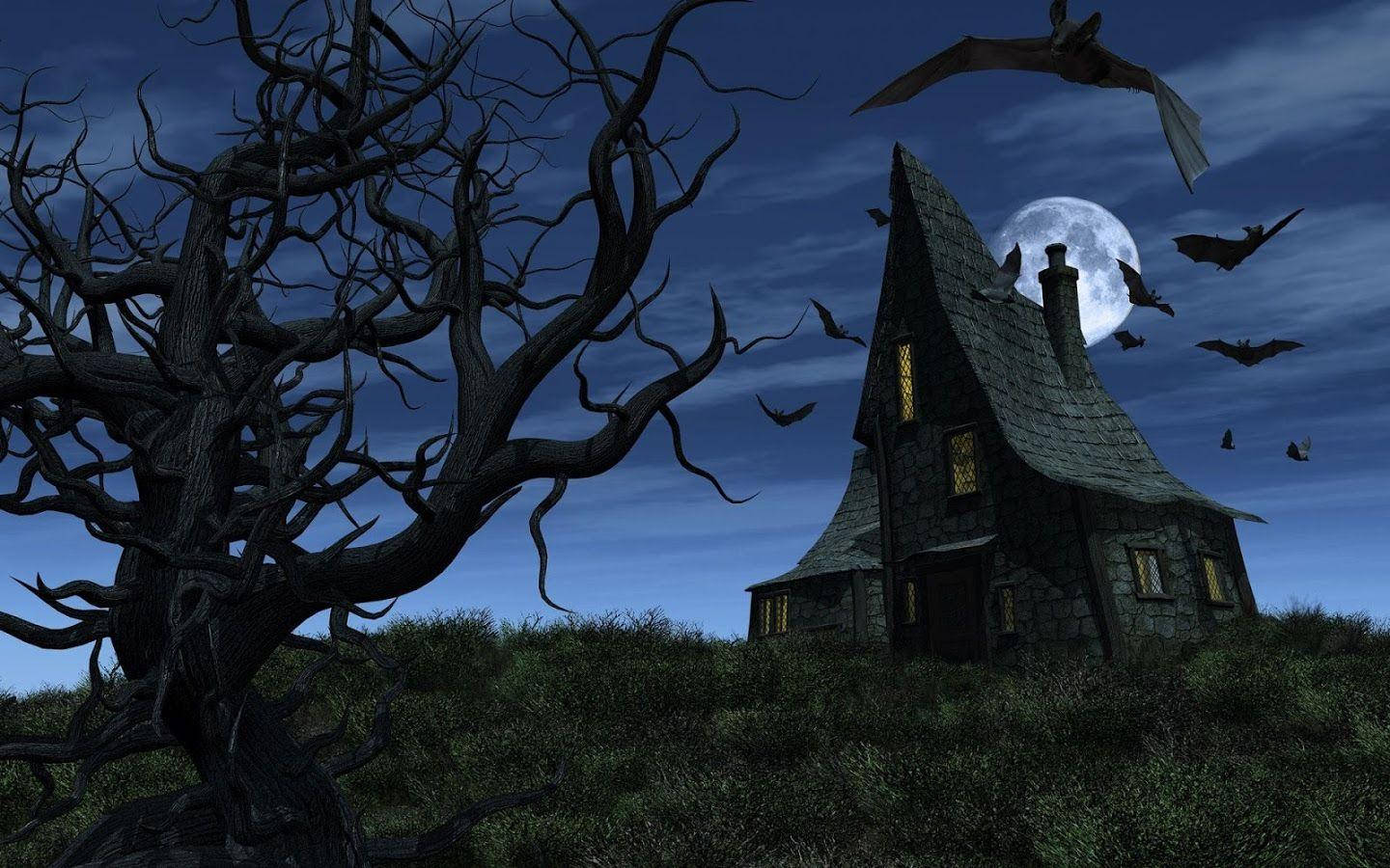 haunted house, glowing windows, full moon, HD Desktop Wallpaper